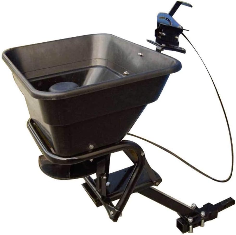 Field Tuff AS-80ATV12 12V hitch-mount broadcast spreader with black poly hopper and control switch